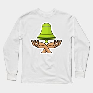 Green School Bell with People Hands Sticker design vector illustration. Alert and alarm objects icon design concept. Creative bell on hand sticker design icons logo with shadow Long Sleeve T-Shirt